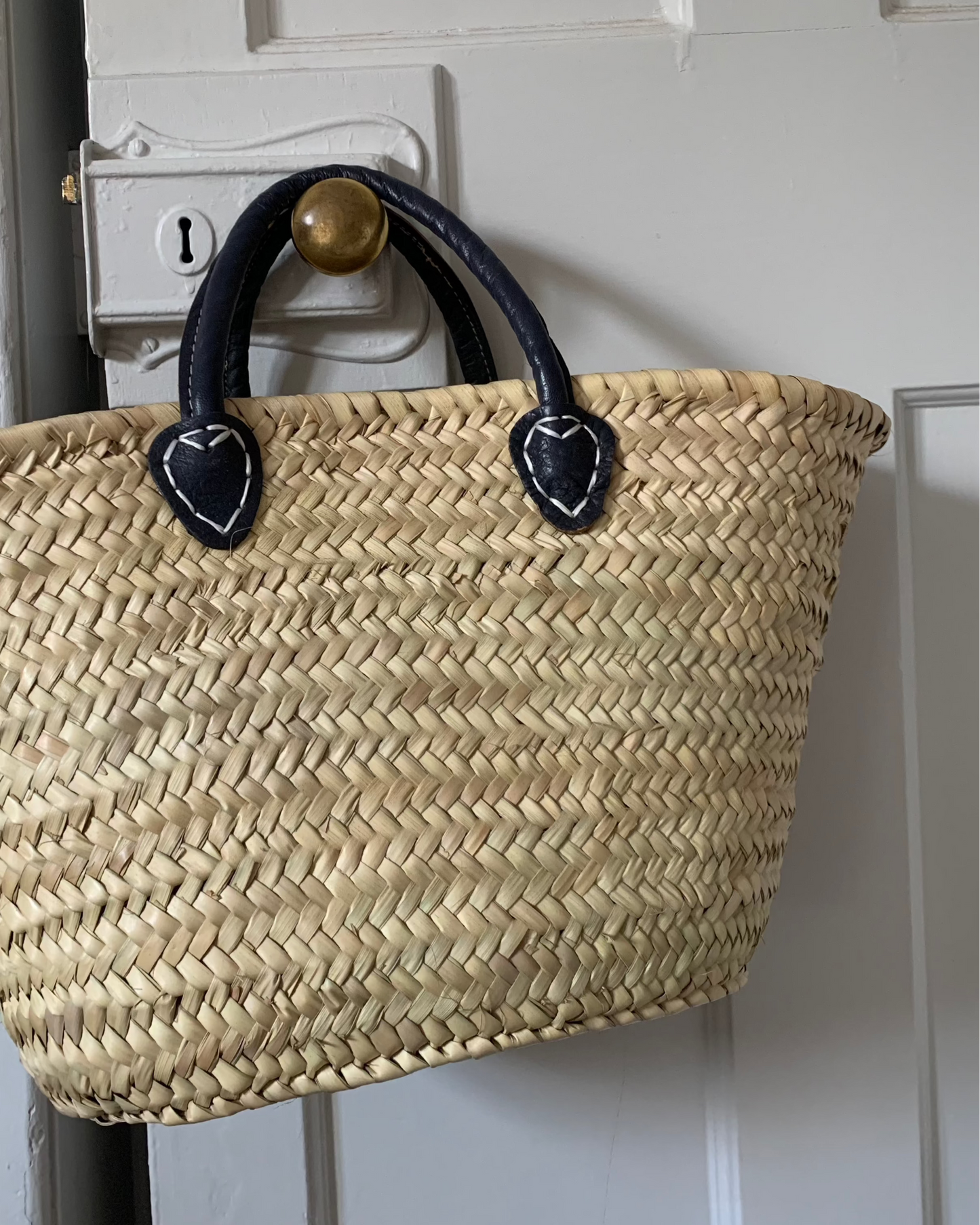 Straw Basket with Blue Leather Handles