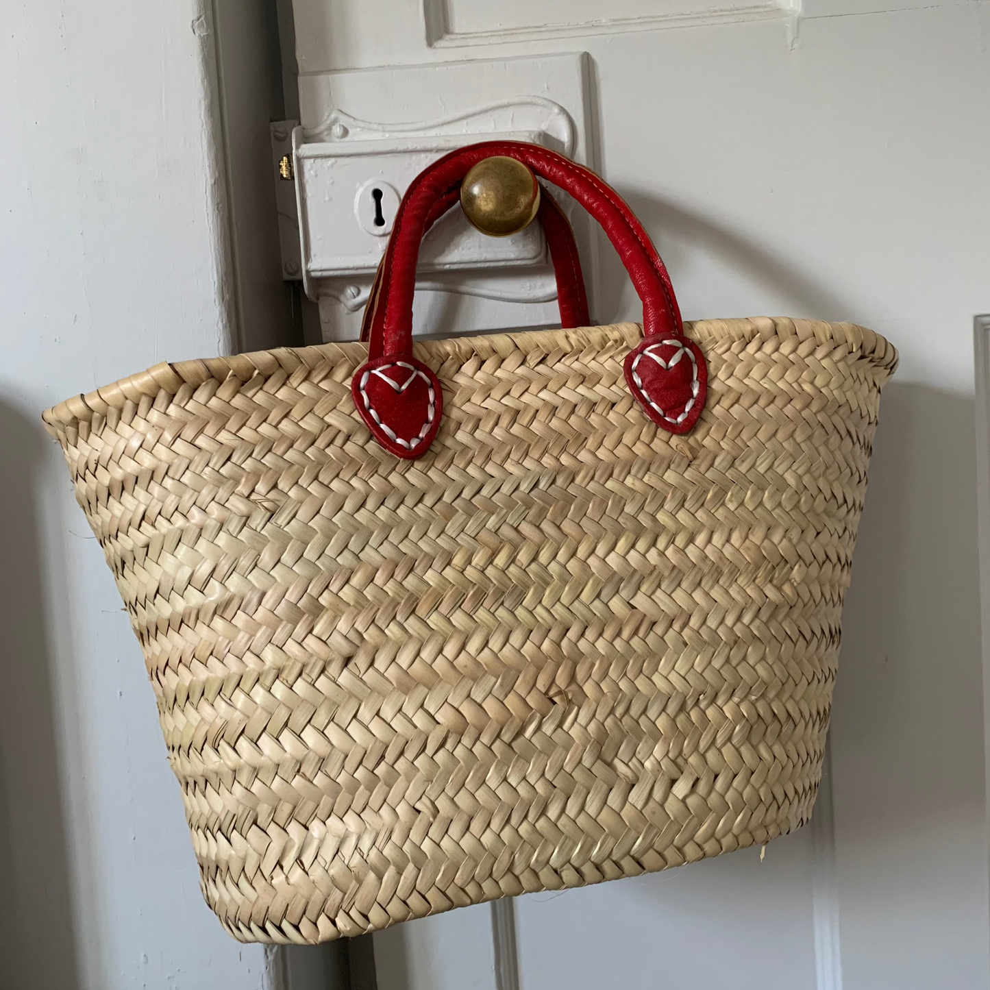 Straw Basket with Red Leather Handles
