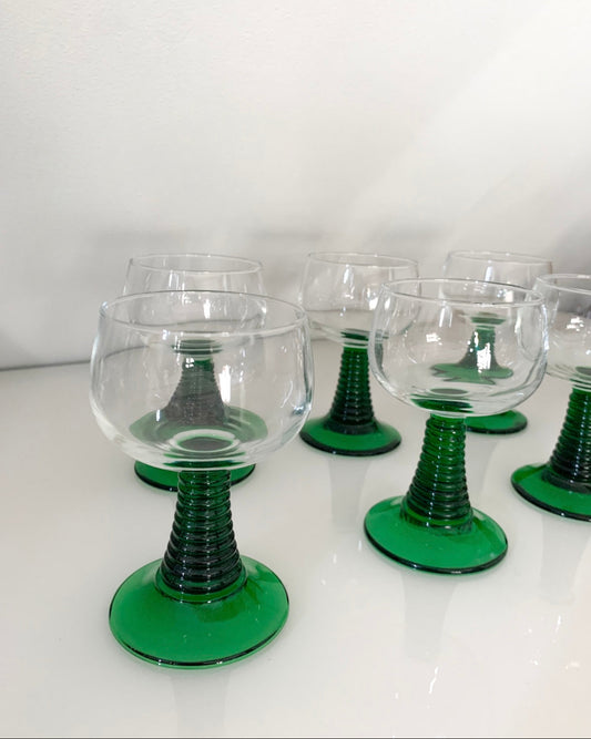Set of 6 Vintage Luminarc Green Stem Glasses
