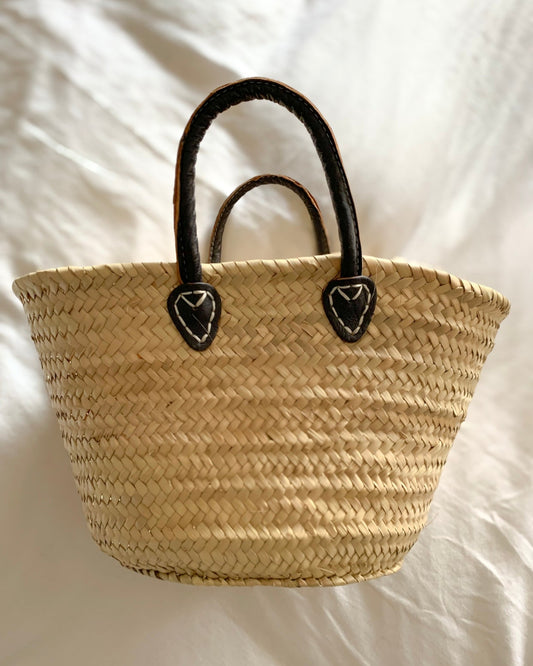 Straw Basket with Blue Leather Handles