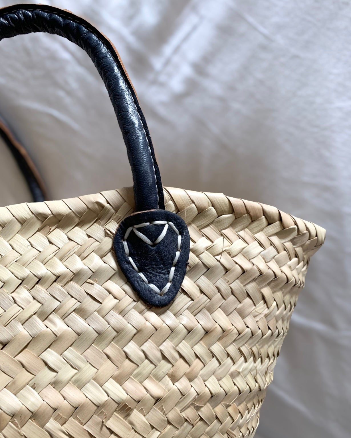 Straw Basket with Blue Leather Handles