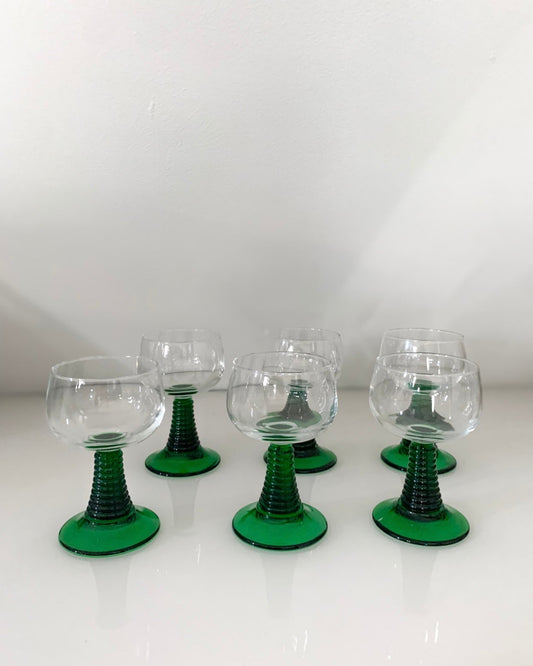 Set of 6 Vintage Luminarc Green Stem Glasses