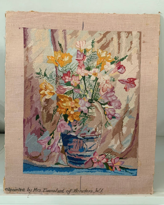 Handstitched Vintage Needlepoint - Flowers in a Blue Vase