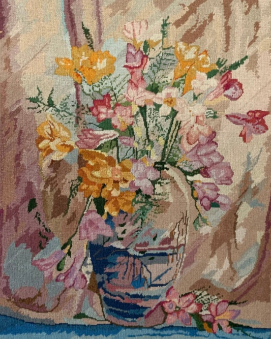 Handstitched Vintage Needlepoint - Flowers in a Blue Vase